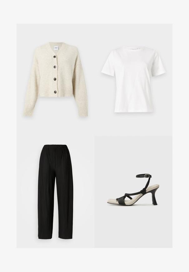 Svijetlosmeđi pleteni kardigan s V-izrezom, pet tamnih gumbi, rebrasti manžeti i rub. Mekana tekstura i skraćeni dizajn.; Bijela pamučna majica s kratkim rukavima, okruglim izrezom i opuštenim krojem. Glatka tekstura, bez uzoraka ili akcenata, minimalistički dizajn.; Crne široke hlače s nabranim nogavicama i elastičnim pojasom. Tkanina ima vertikalne nabore i glatku teksturu.; Crne sandale na visokom potpetici s dizajnom pletenih trakica, kvadratnim vrhom i podešivom trakicom oko gležnja. Svijetlosmeđi ulošci s sjajnim crnim potpeticama.
