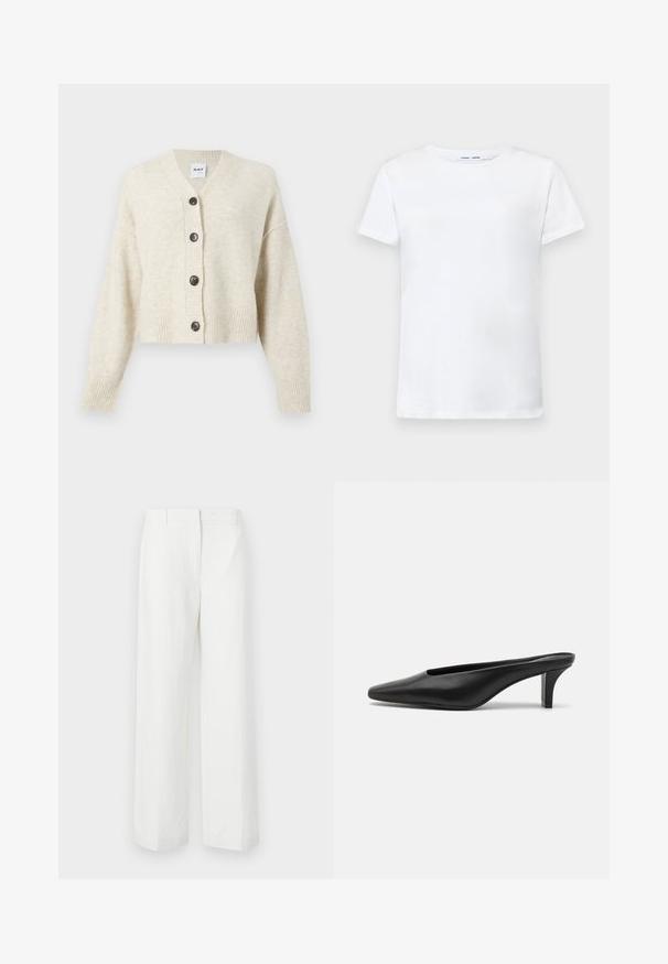 Svetlo béžový pletený kardigán s výstrihom do V, piatimi tmavými gombíkmi, rebrovanými manžetami a lemom. Mäkkučká textúra a skrátený strih.; Biela tričko s krátkymi rukávmi vyrobené z bavlny s okrúhlym výstrihom. Hladká textura a rovný strih, bez vzorov alebo akcentov.; Biele široké nohavice s hladkou textúrou, so plochým predným dielom a prežehlenými záhybmi. Vyrobené z ľahkého materiálu, bez viditeľných vzorov.; Čierne kožené špicaté muly s nízkym stiletto podpätkom. Hladká textúra, minimalistický dizajn a otvorená zadná časť pre jednoduché obúvanie.