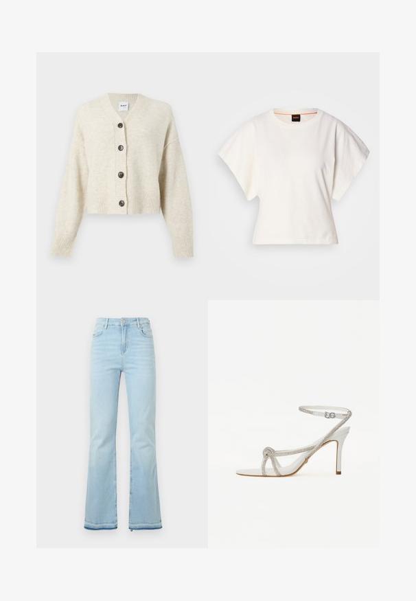 Svijetlosmeđi pleteni kardigan s V-izrezom, pet tamnih gumbi, rebrasti manžeti i rub. Mekana tekstura i skraćeni dizajn.; Bijeli skraćeni T-shirt, široke kratke rukave, mekani pamučni materijal, okrugli izrez s suptilnim narančastim detaljem, minimalistički dizajn, bez uzoraka ili grafika.; Svijetloplave traperice s širim nogavicama, visokog struka, s prednjim džepovima i sirovim rubom na manžetama za ležeran izgled.; Bijela sandala s visokom petom i teksturiranim remenom ukrašenim rhinestones, otvorenog prsta, s remenom oko gležnja i podesivom kopčom.