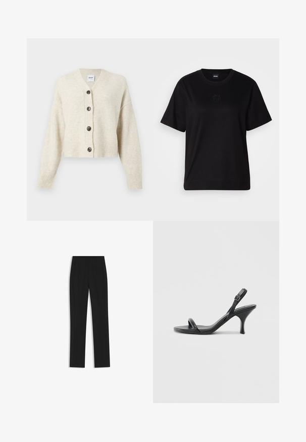 Vaaleanbeige neulecardigan, jossa on V-pääntie, viisi tummaa nappia, ribbireunat hihoissa ja helmassa. Pehmeä rakenne ja lyhyt muoto.; Musta puuvillapaita, jossa on pyöreä kaula-aukko, lyhyet hihat ja brodeerattu logo rinnassa. Yksinkertainen, rento istuvuus ilman kuvioita.; Mustat räätälöidyt housut suoran lahkeen designilla, joissa on etutaskut ja sileä, teksturoitu kangas. Siistit, minimalistiset yksityiskohdat.; Mustat nahkaiset korkokengät, joissa on hoikka, kaareva korko ja ristiin menevä hihnadesign. Säädettävä nilkkahihna. Silkkinen pinta.