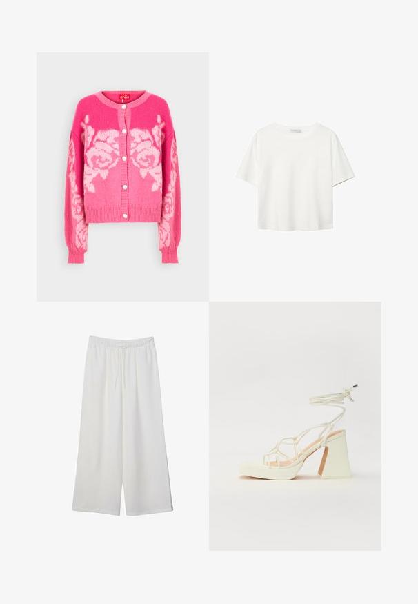 Cras ROSE CARDIGAN - Kofta - pink; Vit t-shirt med kort ärm i bomull. Har en rundad halsringning och en avslappnad passform. Slät textur utan synliga mönster eller detaljer.; Vita vida byxor i lätt tyg med elastisk midja och dragsko för justerbar passform. Mjuk textur.; Vit högklackad sandal med en kraftig klack, med ett remdesign och ankelband. Slät textur med en plattform framtill för ökad höjd.