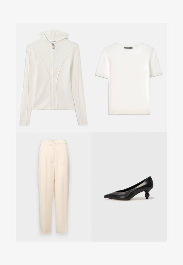Fehér, cipzáras kapucnis pulóver sima anyagból, kapucnival, hosszúkás ujjakra és a elülső ívelt varrásdíszítéssel.; Fehér, rövid ujjú kötött felső, kerek nyakkivágással, sima textúrával és diszkrét bordázott részletekkel az ujjain és az alján.; Beige, egyenes szabású testre szabott nadrág, elöl plisszírozással, sima textúrával és közepes derékkal. Nincsenek látható zsebek.; Fekete bőr magassarkú cipő, hegyes orral és kerek, gömbölyű sarokkal. Simább textúrával, elegáns, minimalista dizájnnal.