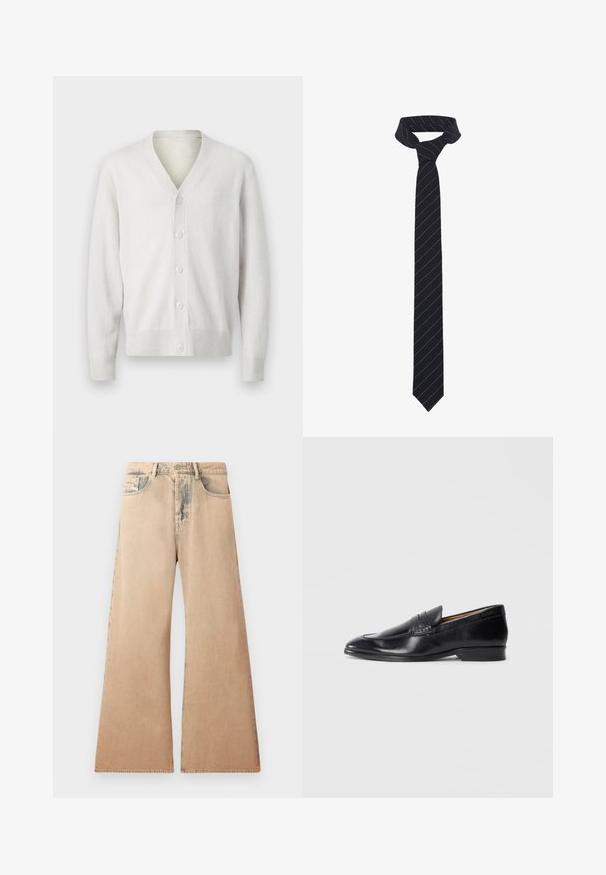 Biely pletený kardigán s výstrihom do V, so šiestimi gombíkmi na prednej strane, rebrovanými manžetami a lemom. Mäkká textúra, jednoduchý dizajn a ľahký materiál.; Biela košeľa s dlhým rukávom vyrobená z texturovanej látky, s klasickým golierom, predným zapínaním na gombíky a rovnými lemami, s voľným strihom.; Bežové široké džínsy s vyblednutou textúrou, päť vreciek a prešívanými detailmi pozdĺž švov. Pás má tradičné gombíkové zapínanie.; Čierne kožené loafre s hladkým povrchom, špicatou špičkou a diskrétnym prešívaním. Obsahujú plochý podpätok a embosované logo na boku.; Čierny motýlik s diagonálnymi modrými pruhmi, vyrobený z hladkej látky. Disponuje špicatým koncom a uzlovým slučkovým uzáverom na vrchu.