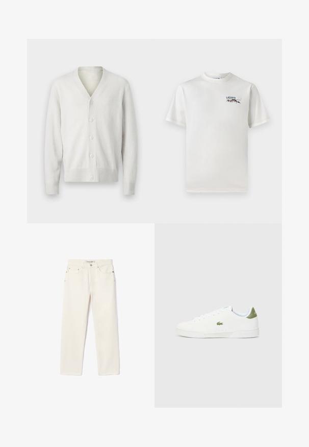 Balta megzta kardiganas su V formos iškirpte, šešiais sagų užsegimais, raštuotais rankogaliais ir apatine dalimi. Minkšta tekstūra, paprastas dizainas ir lengvas audinys.; Baltas medvilninis marškinėliai su apykakle, trumpomis rankovėmis ir mažas siuvinėtas logotipas, vaizduojantis kalnus ir tekstą ant kairiojo krūtinės.; Kremo spalvos džinsai su tiesiais kojų kirpimais, turintys dvi priekinės kišenes, mygtukų užsegimą ir subtilų prekinį ženklą šalia juosmens.; Baltos sportiniai bateliai su lygaus paviršiaus tekstūra, kuriuose yra žalias akcentas kulne ir mažas siuvinėtas krokodilo logotipas šone.