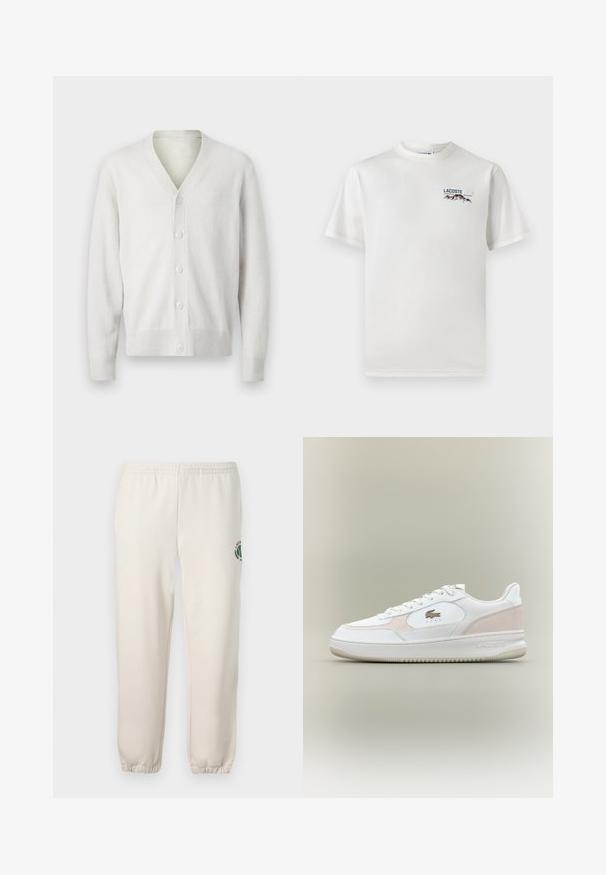 Bela pletena jakna z V-izrezom, sprednjim zapiranjem na šest gumbov, rebrastimi manšeti in robom. Mehka tekstura, preprost dizajn in lahka tkanina.; Bela bombažna majica s krožnim ovratnikom, kratkimi rokavi in majhnim izvezenim logotipom, ki vsebuje gore in besedilo na levi prsni strani.; Svetlo bež trenirke iz bombaža, z elastičnim pasom, rebrastimi zaključki in zelenim logotipom z motivom lista na levi nogi.; Bela teniska z gladkim usnjem, z dodatki iz zamšasta in gumijastim podplatom. Ima vtisnjeno logo in vezalni dizajn. Minimalistična estetika.