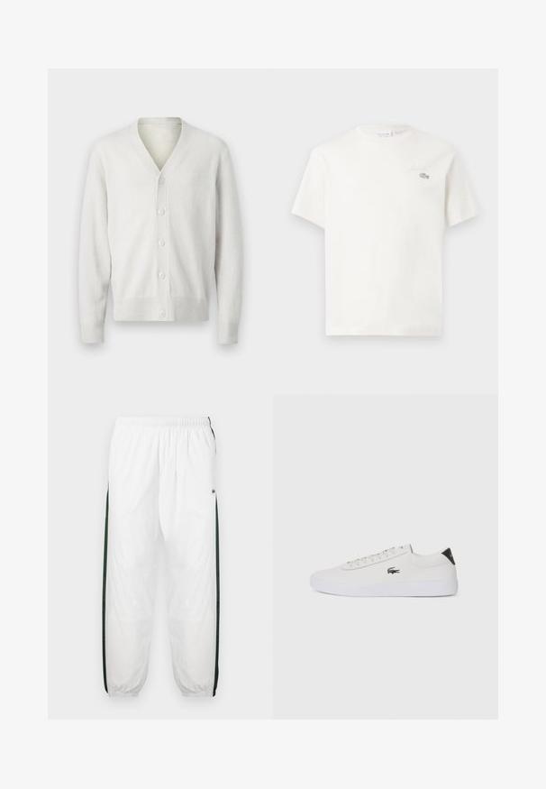 Fehér kötött kardigán V-kivágással, elöl hatsoros gombolással, bordázott mandzsettákkal és heméllyel. Puha tapintású, egyszerű dizájn, könnyű anyagból.; Fehér pamut póló rövid ujjakkal, diszkrét hímzett logóval és minimalista designnal. Puha tapintású, kerek nyakkivágású.; Fehér sportnadrág sötétzöld oldalpanelekkel. Könnyű anyagból készült, rugalmas derékkal és gumis szegéllyel. Az oldalpaneleken hálós textúra található.; Fehér bőr sportcipő kerek orral, fűzős elülső résszel és fekete sarok akcentussal. Oldalán egy kis hímzett krokodil logóval rendelkezik.