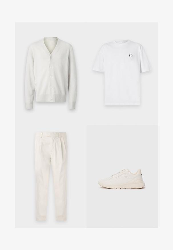 Cardigan alb tricotat cu decolteu în V, închidere frontală cu șase nasturi, manșete și tiv cu nervuri. Textură moale, design simplu și material ușor.; Tricou alb din bumbac cu o croială lejeră, având un mic logo grafic negru în zona stângă a pieptului. Mâneci scurte, stil guler rotund.; Pantaloni albi plisati, cu o croială ajustată, având o textură netedă, bucle pentru curea și picioare conice. Fără buzunare vizibile sau modele.; Adidași albaștri din material texturat, cu o talpă netedă, sistem de șireturi în față și un branding subtle pe călcâi. Design minimalist.
