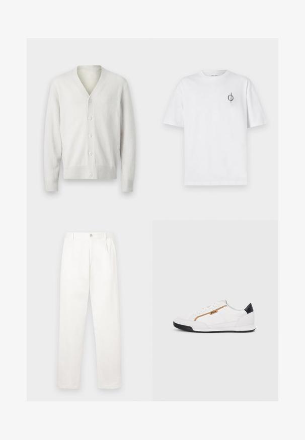 Valkoinen neulecardigan, jossa on V-pääntie, kuusi nappia edessä, resorit hihansuissa ja helmassa. Pehmeä rakenne, yksinkertainen muotoilu ja kevyet materiaalit.; Valkoinen puuvillapaita rentoa istuvuutta, jossa on pieni musta graafinen logo vasemmassa rintataskussa. Lyhyet hihat, pyöreä kaula-aukko.; Valkeat housut, jotka on valmistettu sileästä kankaasta, suoran lahkeiden muotoilun, etupleettien ja vyötäröllä olevan yksittäisen nappikiinnityksen kanssa.; Valkoiset urheilukengät, joissa on verkkokudosta ja nahkaosia. Varustettu kultaisella "BOSS"-logolla, tekstuurillisilla sivupaneeleilla ja mustalla kantapäällä. Kumikanta.