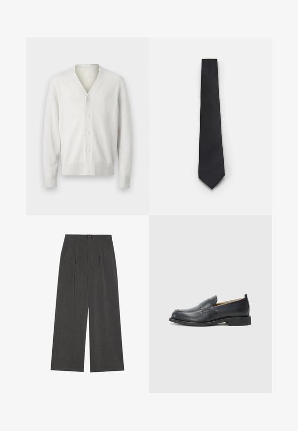 Bela pletena jakna z V-izrezom, sprednjim zapiranjem na šest gumbov, rebrastimi manšeti in robom. Mehka tekstura, preprost dizajn in lahka tkanina.; Črna rebrasta majica brez rokavov z okrogłym izrezom in širokimi armhole, izdelana iz mehkega, raztegljivega materiala. Oznaka: Pull&Bear.; Hlače s širokimi hlačnicami v temnosivem blagu, z nabrano sprednjo stranjo, dvema stranskima žepoma in ravnim pasom. Gladka tekstura in skrbno zasnova.; Črne usnjene loaferje z gladko površino, ravnim podplatom in okroglo konico ter dekorativnim trakom čez zgornji del.; Ozeka črna kravata z teksturiranim, diagonalnim žlebastim vzorcem. Ima koničast konec in gladko površino. Primerna za formalno nošenje.