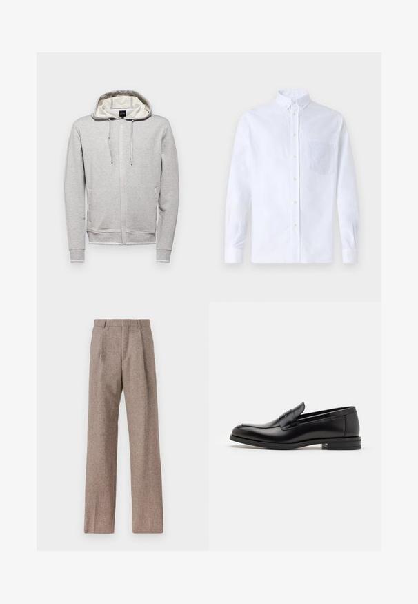 Felpa grigia con zip frontale, cappuccio regolabile con cordino, maniche lunghe e tasche laterali. Presenta una fodera interna a contrasto e dettagli con logo.; Camicia bianca a maniche lunghe con bottoni, realizzata in cotone, caratterizzata da una tasca sul petto con ricamo tonale, colletto e polsini con bottoni.; Pantaloni marroni a vita alta realizzati in tessuto testurizzato. Presentano gambe ampie e due pieghe frontali per struttura. Rifinitura curata senza hardware visibile.; Mocassini neri in pelle con una texture liscia, punta arrotondata e una striscia decorativa sulla tomaia. Tacco basso impilato, design minimalista.