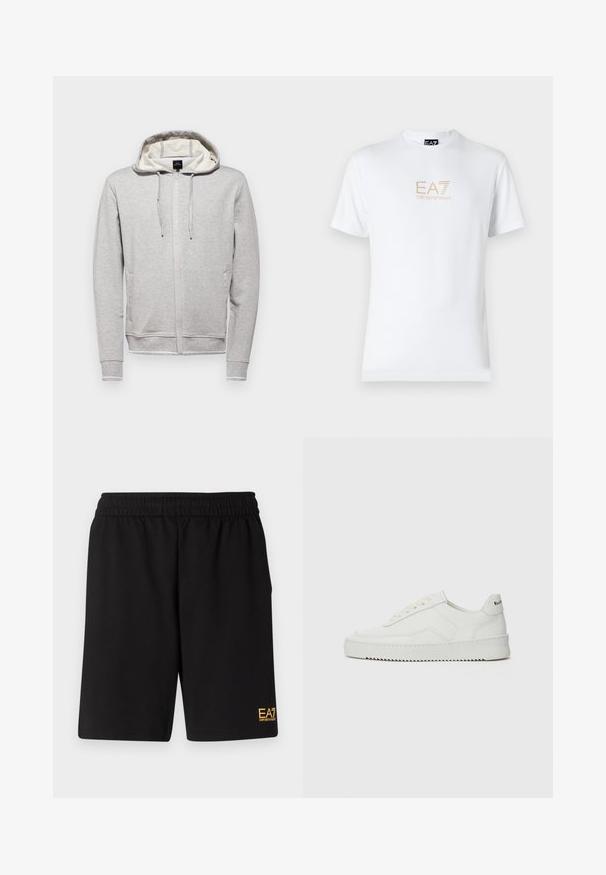 Sudadera gris con cremallera frontal, capucha con cordón, mangas largas y bolsillos laterales. Presenta un forro interior en contraste y un detalle de logo.; Camiseta blanca de algodón con escote redondo y mangas cortas, con un logo dorado de EA7 Emporio Armani impreso en el frente.; Pantalones cortos deportivos negros de tejido suave, con una cintura elástica y un pequeño logo amarillo de EA7 en la parte inferior de la pierna izquierda.; Zapatilla de cuero blanca con un acabado suave, puntera redonda, cordones planos y suela texturizada. Cuenta con un sutil logo en el talón.