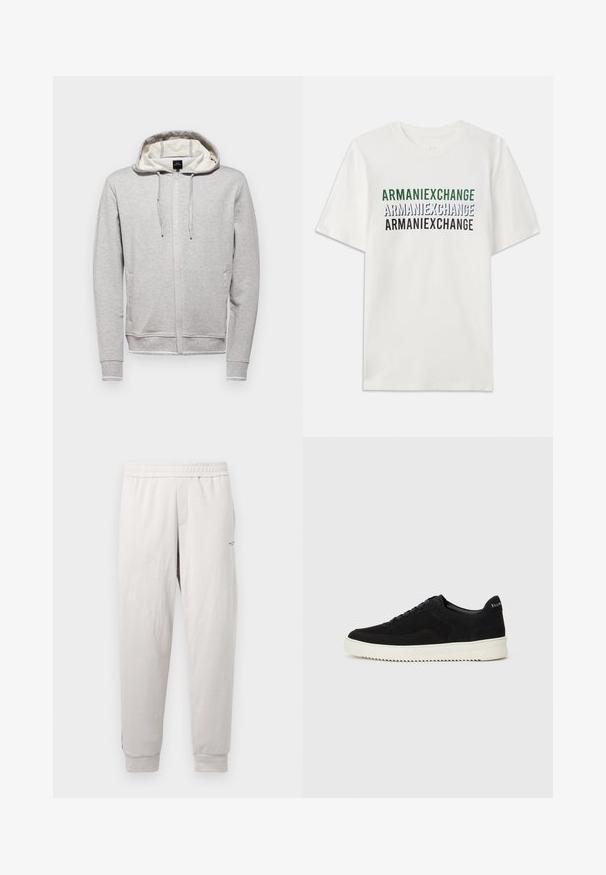 Hallitusseente värvi kapuutsiviigiga, pikade varrukatega, külje taskutega ja tõmblukufrontiga dressipluus. Omab kontrastset sisekatet ja logodetaile.; Valge puuvillane T-särk, millel on korduv kiri "ARMANIEXCHANGE" rohelises, sinises ja mustas värvitoonis. Lühikesed varrukad ja klassikaline ümar kaelus.; Sinate hallid kergelt hallidest spordipüksidest, millel on elastne vöökoht, küljetaskud, ribadega mansetid ja diskreetne bränding jalal, valmistatud pehmest kangast.; Mustad suede jooksujalatsid, millel on paelad ja kontrastne valge kummitald. Omab tekstuuriga külgpaneele ja tagasihoidlikku brändimist kandadel.
