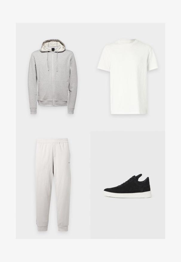 Szürke kapucnis pulóver, elöl cipzárral, húzózsinórral, hosszú ujjakkal és oldalsó zsebekkel. Kontrasztos belső béléssel és logó részlettel rendelkezik.; Fehér, rövid ujjú póló enyhén texturált felülettel és kerek nyakkivágással. Nincsenek látható minták vagy fém részletek.; Világosszürke melegítőnadrág rugalmas derékkal, oldalsó zsebekkel, bordázott mandzsettákkal és diszkrét márkajelzéssel a lábon, puha anyagból készült.; Fekete nubuk sportcipő fehér gumitalppal, tónusos varrással és fűzős kialakítással. Simák a textúrája, modern, letisztult formával rendelkezik.