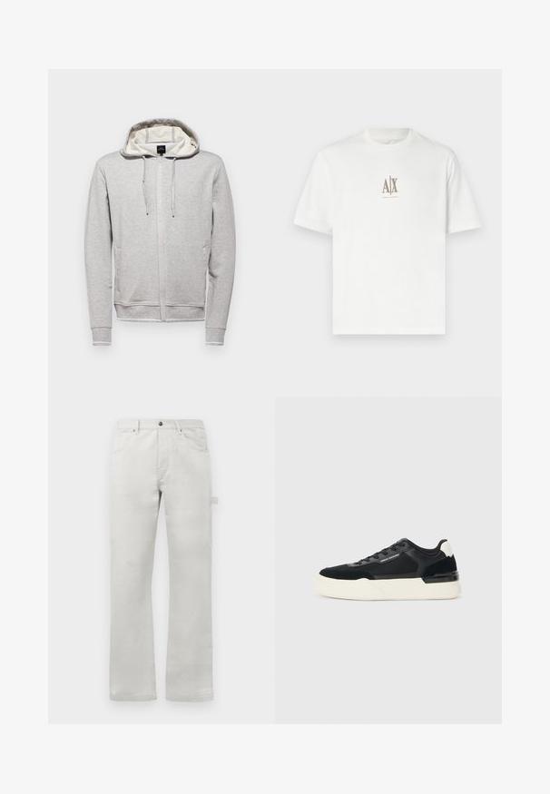 Grijze sweatshirt met een ritssluiting aan de voorkant, een capuchon met trekkoord, lange mouwen en zijzakken. Heeft een contrasterende binnenvoering en een logo detail.; Witte katoenen t-shirt met een ronde hals. Heeft een klein beige logo "A|X" en "ARMANI EXCHANGE" gedrukt eronder. Korte mouwen, normale pasvorm.; Lichtgrijze broek met een rechte pasvorm, gemaakt van gladde katoenstof, met voorzakken en een zijcargozak.; Zwarte sneaker van mesh en leer, met een dikke witte zool en contrasterende accenten. Veters en logodetail aan de zijkant.