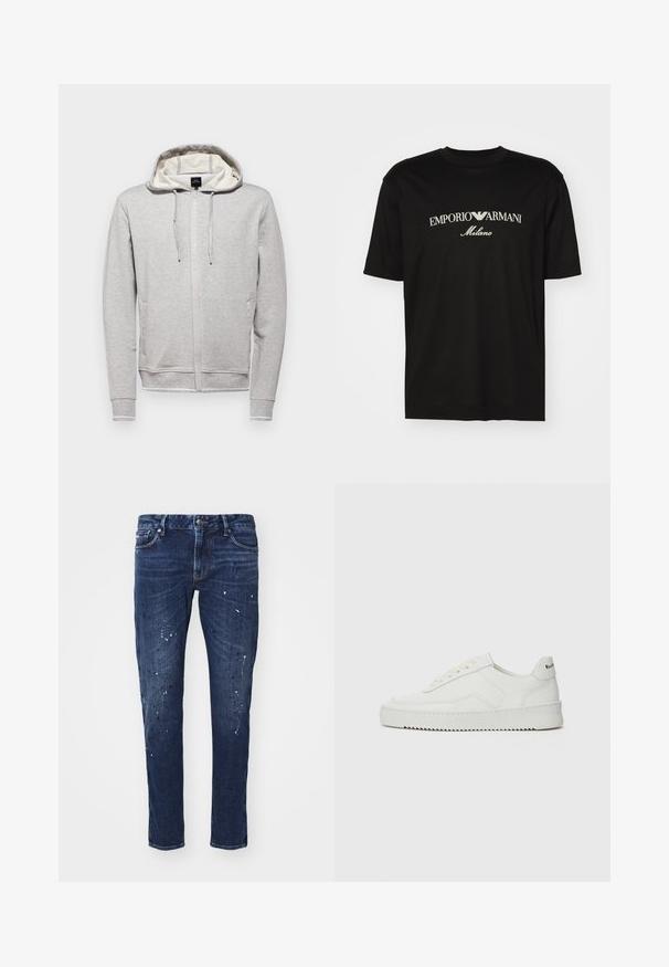 Grå hettegenser med glidelås foran, snor i hetten, lange ermer og sidelommer. Har et kontrasterende innerfôr og logodetalj.; Svart bomulls T-skjorte med rund hals, korte ermer og "EMPORIO ARMANI" logo i hvitt over "Milano" i en buet design.; Mørkeblå denimjeans med smal passform, som har malingsplatter, synlige sømmer og standard fem-lomme design. Rett benkutt.; Hvite lærersneakers med en jevn overflate, rund tå, flate lisser og en teksturert såle. Har en subtil logo på hælen.