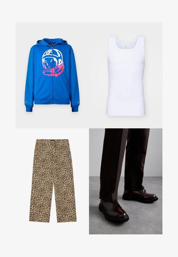 Fleece azul com fecho éclair, apresentando um gráfico de astronauta em rosa e branco na parte da frente. Feito de tecido suave, com bolsos laterais e punhos canelados.; Top de algodão branco sem mangas com decote redondo, apresentando uma textura suave e um corte ajustado, projetado para uso casual.; YOURTURN UNISEX - Calças de ganga de corte relaxado - beige/black; Sapatos de couro castanho com atacadores e um acabamento brilhante, sola de borracha preta e costuras subtis. Usados com calças castanhas à risca.