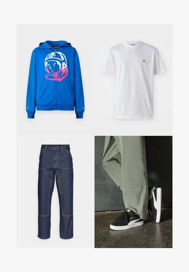 Zils zip-up džemperis ar rozā un baltu astronauta grafiku priekšā. Izgatavots no mīksta auduma, ar sānu kabatām un ribotām aprocēm.; Balta kokvilnas t-kreklu ar īsām piedurknēm, apaļu kakla izgriezumu, ar mazu zelta logotipu kreisajā krūšu pusē. Mīksta tekstūra un regulāra piegriezuma.; Tumši zili džinsi ar augstu jostasvietu, taisnu kāju dizainu, kontrastējošām šuvēm un kabatām priekšā.; Melnas zamšādas sporta kurpes ar baltām gumijas zole un sānu svītrām, saskaņotas ar gaiši zaļām cargo biksēm, stāvot uz teksturētas tumšas virsmas.