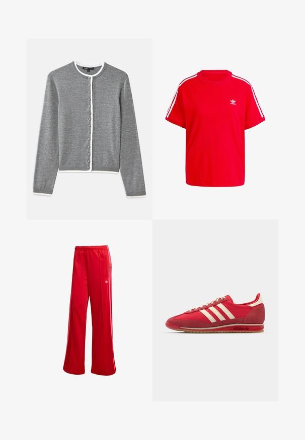 Hallhallane kardigan valge äärega, ümara nööpide ja kerge tekstuuriga mustriga, pikkade varrukatega, valmistatud pehmest kudumismaterjalist.; Punane puuvillane T-särk ümmarguse kaelusega, lühikeste varrukatega, valged kolmestriibulised aktsendid õlgadel ja väike valge logo rinnal.; Punased spordipüksid laia jalaosaga, elastse vöökoha ja külgmise tõmblukuga taskuga. Vasakul küljel on väike valge logo. Siledat tekstuuri.; Punane sportlikki king, millel on tekstuuriga ülemine osa, kolm valget triipu, ümmargune varvas ja kummist tallaga, millel on logo detailid küljel.