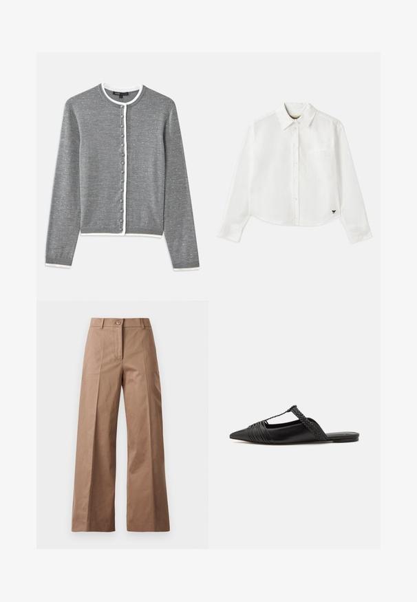 Grijze cardigan met witte bies, voorzien van ronde knopen, een lichte textuur en lange mouwen, gemaakt van een zacht breimateriaal.; Witte, cropped, langemouwen shirt van katoen. Heeft een knoopsluiting aan de voorkant, een borstzak en een klein zwart logo op de linksonder.; Bruine wijde broek gemaakt van een gladde stof, met een voorknoopsluiting, twee zijzakken en strakke, op maat gemaakte lijnen.; Zwarte leren slingback schoen met een puntige neus, voorzien van een gevlochten accent en geplooid ontwerp aan de bovenkant. Platte zool met minimale hardware.