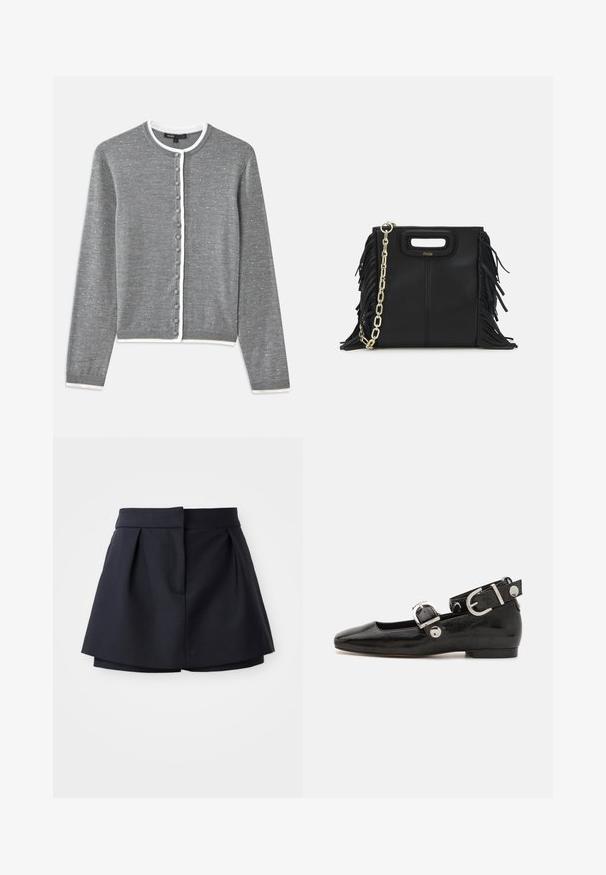 Grauer Cardigan mit weißem Saum, runden Knöpfen, leichtem Strukturmuster und langen Ärmeln, aus einem weichen Strickmaterial gefertigt.; Navyblaues gestreiftes Poloshirt mit spitzem Kragen, kurzen Ärmeln und zwei vorderen Taschen mit Druckknöpfen; hervorgehoben durch weiße Steppnähte.; Marinefarbene Falten-Shorts mit hoher Taille, aus glattem Stoff gefertigt. Sie verfügen über ein figurbetontes Design und eine versteckte Fronttasche.; Schwarze Lackleder-Ballerina mit eckiger Zehenpartie, Knöchelriemen mit silberner Hardware und flacher Sohle. Glatte Textur mit minimalistischen Design.; Schwarze Lederhandtasche mit Fransen-Details, goldener Ketten-Schulterriemen und einem ausgeschnittenen Griff. Mit Logoplatzierung auf der Vorderseite.