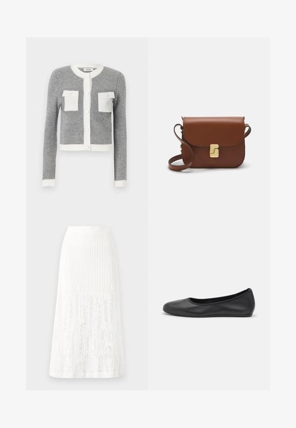 Grauer Strickcardigan mit weißen kontrastierenden Kragen und Taschen, mit einer Knopfleiste und gerippten Bündchen.; Weißes kurzärmliges T-Shirt aus geripptem Stoff. Runder Halsausschnitt, normale Passform und dezente Nähte. Keine Muster oder Grafiken.; Gestreifte weiße Midi-Rock aus Strick mit einem strukturierten Muster und Ausschnitten am Saum. Elastischer Bund. Weiches Material.; Schwarze Leder-Ballettschuhe mit abgerundeter Spitze, glatter Textur, minimalen Nähdetails und einem flexiblen Sohlen-Design.; Braune Ledertasche mit Klappenverschluss, Beschlägen in Goldfarbe, einem Schultergurt und einer glatten Oberfläche. Kompakte rechteckige Form.