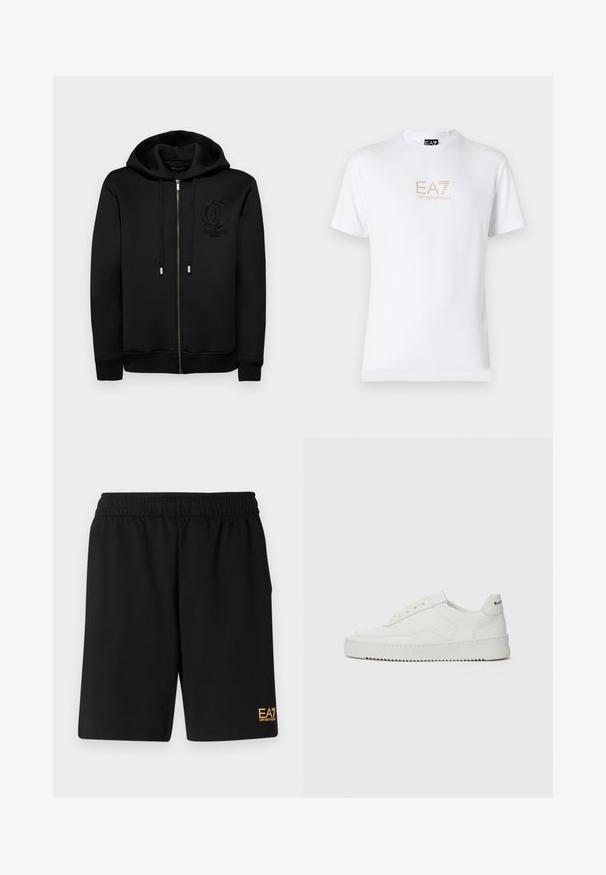Felpa nera con zip realizzata in tessuto morbido, dotata di un grande cappuccio, tasche frontali, cordini regolabili e un logo in rilievo sul petto.; T-shirt bianco in cotone con scollatura rotonda e maniche corte, con il logo oro EA7 Emporio Armani stampato sul fronte.; Pantaloni sportivi neri realizzati in tessuto morbido, con vita elastica e un piccolo logo EA7 giallo sulla parte bassa della gamba sinistra.; Sneaker in pelle bianca con una finitura liscia, punta rotonda, lacci piatti e suola testurizzata. Presenta un logo discreto sul tallone.