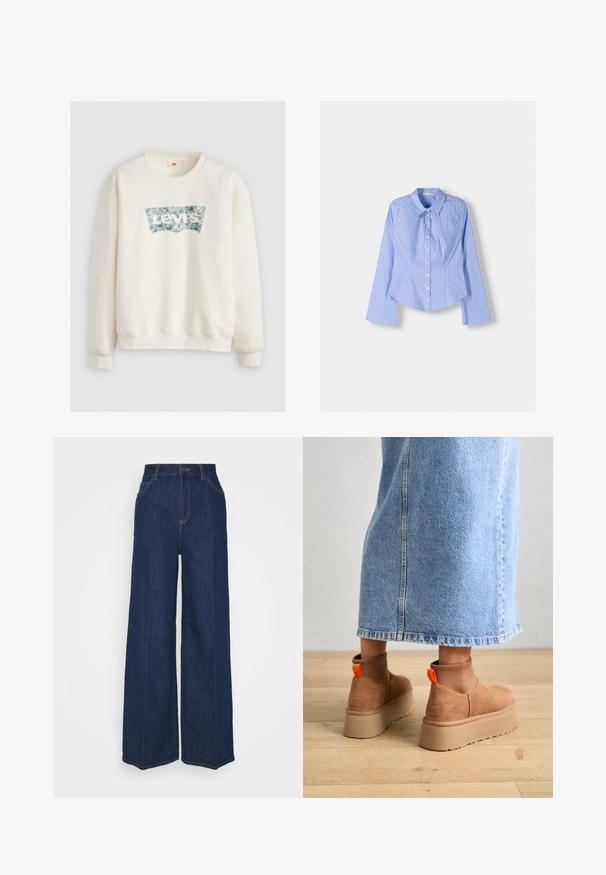 Felpa di colore crema con polsini a coste, collo rotondo e grafica del logo Levi's floreale in tonalità di blu sulla parte anteriore.; Camicia a maniche lunghe con bottoni a righe blu e bianche, colletto all'inglese, vestibilità aderente e orlo curvato. Materiale in cotone strutturato.; Jeans in denim blu scuro a vita alta e gamba larga, con tasche frontali e posteriori, chiusura con bottone e dettagli di cucitura visibili.; Stivali platform in suede marrone con pannelli laterali elastici e linguette arancioni, abbinati a una gonna di jeans chiara, lunga fino al ginocchio, su un pavimento di legno.