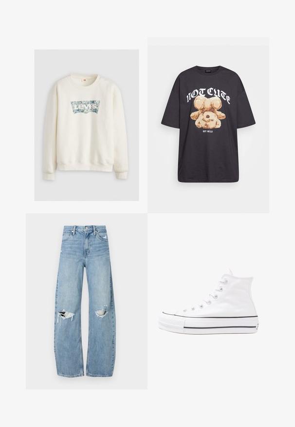 Sudadera color crema con puños acanalados, cuello redondo y un gráfico del logo de Levi's con un diseño floral en tonos de azul en la parte delantera.; Camiseta negra de gran tamaño con un gráfico de un oso y el texto "NO LINDO SINO SALVAJE" en letras blancas y en negrita. Material de algodón.; Vaqueros de mezclilla de tiro alto en azul claro. Tienen piernas anchas, dos áreas desgastadas en las rodillas y un estilo clásico de cinco bolsillos.; Zapatilla de lona alta blanca con suela de goma negra, puntera de goma frontal y seis ojetes para los cordones, que presenta un diseño limpio y minimalista.