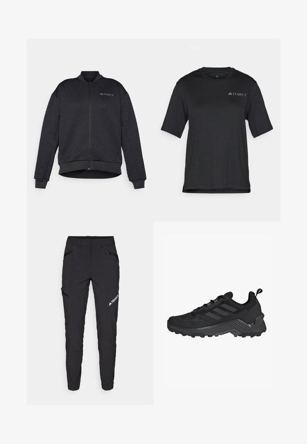 Giacca bomber nera trapuntata con zip frontale, colletto a coste, maniche a coste e logo ricamato sul petto. Dettaglio del tessuto testurizzato.; T-shirt nero a maniche corte realizzato in tessuto leggero. Presenta un colletto a girocollo e un piccolo logo bianco "TERREX" sul petto.; I pantaloni neri da esterno presentano una vestibilità slim, tasche con zip, ginocchia rinforzate e un logo sul lato sinistro. Realizzati in un tessuto leggero e resistente.; Scarpa da atletica nera con tomaia in mesh, design a tre strisce, tallone sagomato e suola robusta con tasselli di trazione prominenti.