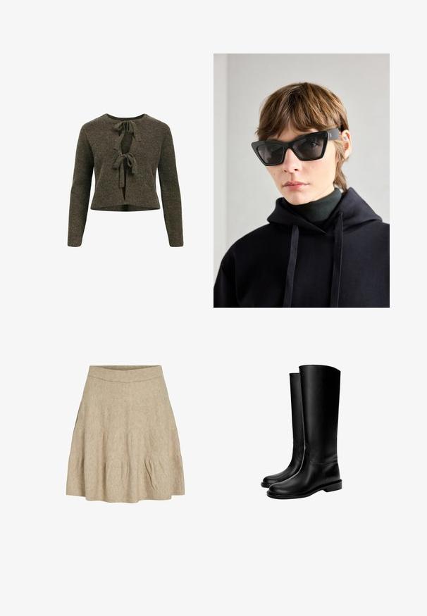 Object OBJPARVI NOOS - Kofta - morel; Svart kortärmad t-shirt tillverkad av slät bomullsmaterial, med rund halsringning och en figurnära passform. Inga synliga mönster eller dekorationer.; En kort, beige kjol tillverkad av ett mjukt, strukturerat tyg med en räfflad midja och lätt veckning vid fållen.; Svarta läderstövlar till knäna med en slät yta, rund tå, platt sula och minimalistisk design, med sydda sömmar och ingen synlig hårdvara.; Svarta katögonsolekker med mörka linser, med en djärv vinklad design. Tillverkad av slät plast med en glänsande yta och logotypdetaljer.; Svart läderhandväska med texturerad finish, strukturerad form, dubbla handtag och avtagbar axelrem. Guldtonade detaljer.