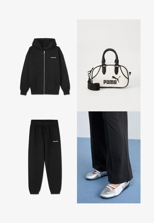 Haut à capuche zippé noir en coton, avec une poche avant, des poignets côtelés et une capuche avec cordon de serrage. Comprend le logo "PEGADOR" sur la poitrine.; T-shirt en coton gris à manches courtes, avec un col rond et un petit logo blanc "PEGADOR" sur le devant. Texture lisse, coupe décontractée.; Pantalons de survêtement noirs en tissu doux, avec une taille à cordon de serrage, des jambes fuselées et des poches latérales. Logo "PEGADOR" en blanc sur le devant.; Chaussures plates argentées et blanches avec des sangles croisées et des détails texturés, complétées par un pantalon noir ample. Sur un sol bleu.; Sac à main blanc avec des accents noirs, affichant un logo Puma. Poignées courtes et arrondies et une bandoulière amovible, fabriqué en matériau synthétique texturé.