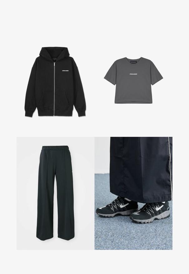Black zip-up hoodie made of cotton, featuring a front pocket, ribbed cuffs, and a drawstring hood. Includes "PEGADOR" logo on the chest.; Gray cotton t-shirt with short sleeves and a crew neck. Features a white "PEGADOR" logo printed on the chest. Simple, relaxed design.; Black, wide-leg athletic pants with an elastic waistband. Made from smooth, stretchy fabric, featuring subtle front seams and no pockets.; Black athletic shoes with a textured upper, silver accents, and a patterned outsole, paired with a black long garment. Set against blue carpet.
