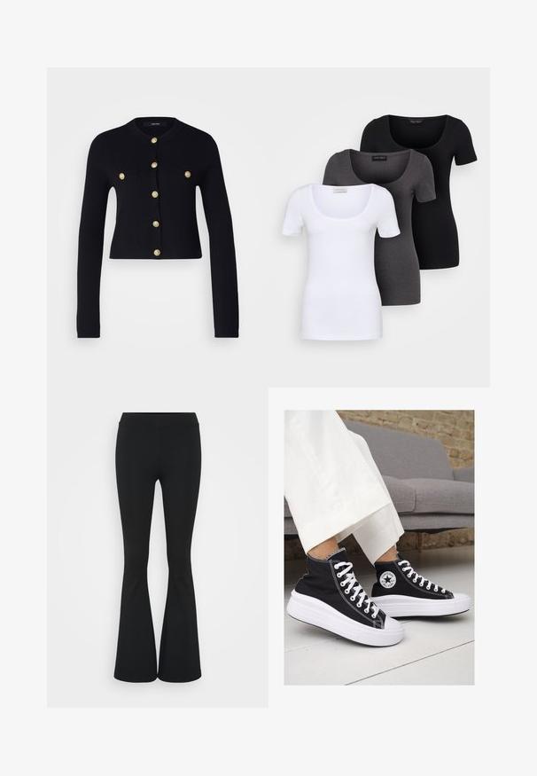 Vero Moda Tall VMSABA SHORT BUTTON  - Strickjacke - black; Drei figurbetonte T-Shirts in Weiß, Grau und Schwarz. Jedes hat einen weiten Rundhalsausschnitt und kurze Ärmel. Hergestellt aus glattem, elastischem Stoff.; Schwarze, ausgestellte Hosen aus dehnbarem Material mit hohem Bund und glatter Textur. Die Hose weitet sich ab dem Knie.; Schwarze Canvas-Hochtop-Sneakers mit weißen Gummisohlen und Schnürsenkeln. Mit einem runden Logo an der Seite und kontrastierendem weißen Nähten.
