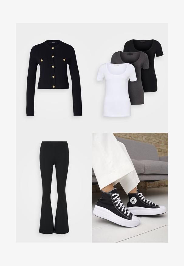 Vero Moda Tall VMSABA SHORT BUTTON - Strickjacke - black; Drei figurbetonte T-Shirts in Weiß, Grau und Schwarz. Jedes hat einen weiten Rundhalsausschnitt und kurze Ärmel. Hergestellt aus glattem, elastischem Stoff.; Schwarze, ausgestellte Hosen aus dehnbarem Material mit hohem Bund und glatter Textur. Die Hose weitet sich ab dem Knie.; Schwarze High-Top-Sneaker mit weißen Gummisohlen und Schnürsenkeln. Verfügt über ein rundes Logo-Patch und kontrastierende weiße Nähte. Aus Canvas-Material.
