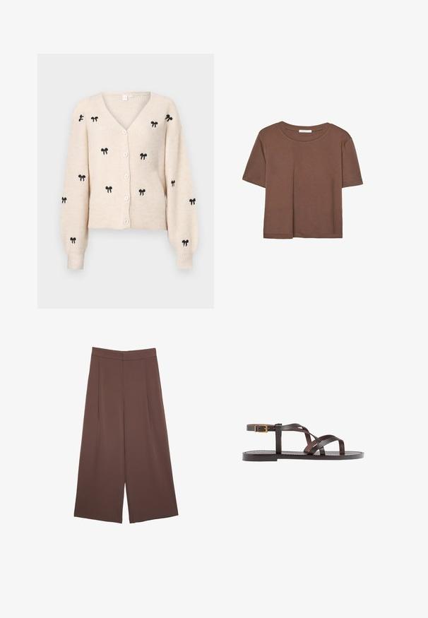 Bež pleteni kardigan s V-izrezom, ki je okrašen z black vezenimi pentljami, dolgimi rokavi in belimi gumbi spredaj.; Rjava kratka majica s kratkimi rokavi iz mehkega materiala, s krožnim izrezom in ohlapnim krojem. Brez vidnih vzorcev ali dodatkov.; Rjave široke hlače z gladko teksturo, ki imajo visok pas in sprednje naborke. Tkanina je lahka in prosto pada.; Rjav usnjen sandal z načinom prečnega črta, zaklepom okoli gležnja in ravnim podplatom z minimalnimi šivi.