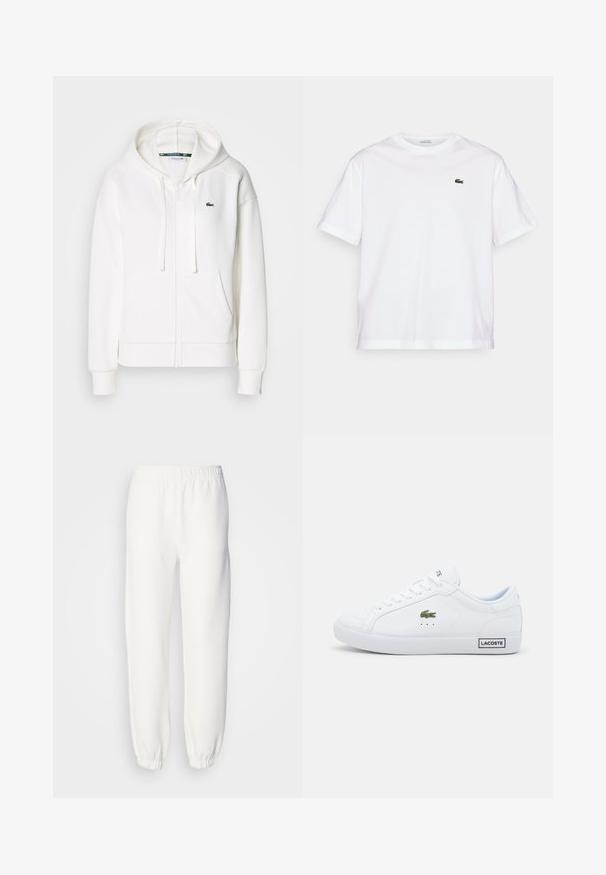 Valge lukuga kapuutsiga dressipluus, mis on valmistatud pehmest kangast. Sellel on kapuuts, konksukotid ja vasakul rinnal väike roheline Lacoste logo.; Valge puuvillane T-särk ümmarguse kaelusega ja lühikeste varrukatega. Rinnal on roheline tikandiga logo. Pehme tekstuur, vabalt langev lõige.; Valged dressipüksid pehmest kootud kangast. Elastne vöökoht ja mansetid tagavad mugava istuvuse. Minimalistlik disain, ilma silmapaistvate mustrite või aktsentideta.; Valged Lacoste tennised tekstureeritud nahast pealisega, lameed nööridega, rohelise krokodillilogo ja must "LACOSTE" silt kontsapidamisel.