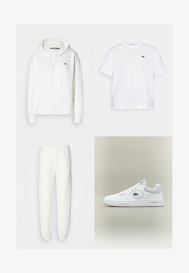 Balta užtrauktuku uždaroma hoodie pagaminta iš minkštos medžiagos, su kapišonu, kengūros kišenėmis ir mažuoju žaliuoju Lacoste logotipu kairėje krūtinės pusėje.; Balta medvilninė marškinė su apvalia iškirpte ir trumpomis rankovėmis. Pirmoje pusėje priklijuotas žalias siuvinėtas logotipas. Minkšta tekstūra, laisvas siluetas.; Balti sportiniai džinsai, pagaminti iš minkštos, megztos medžiagos. Elastinga juosta ir rankogaliai suteikia patogų prigludimą. Minimalistinis dizainas, be matomų raštų ar akcentų.; Balti odiniai sportbačiai su tinkliniu akcentu, apvaliu nosiu ir plokščiomis raištelėmis. Ant kulno yra žalias krokodilo logotipas ir "LACOSTE" prekės ženklas.