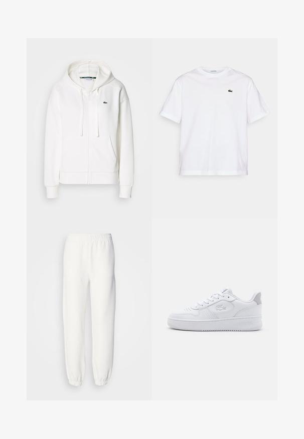 White zip-up hoodie made of soft fabric, featuring a hood, kangaroo pockets, and a small green Lacoste logo on the left chest.; White cotton T-shirt with a round neckline and short sleeves. Features a green embroidered logo on the chest. Soft texture, relaxed fit.; White sweatpants made of soft, knitted fabric. Elastic waistband and cuffs provide a relaxed fit. Minimalist design, no visible patterns or accents.; White athletic sneaker with smooth leather upper, round toe, and lace-up closure. Features embossed logo and grey accent on heel. Flat rubber sole.