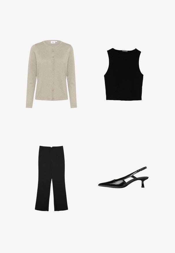 Světle šedý kardigan vyrobený z jemné pleteniny. Má kulatý výstřih, dlouhé rukávy a zapínání na šest knoflíků vpředu.; Černý bezsleeve crop top vyrobený z hladké tkaniny, s kulatým výstřihem a čistým, jednoduchým designem bez vzorů nebo kovových doplňků.; Černé kalhoty s rovným střihem, s předními kapsami a bočními rozparky na lemu. Vyrobené z jemné, hladké tkaniny. Vhodné na různé příležitosti.; Černé lakované lodičky na podpatku se špičatou špičkou, výřezovým designem na boku a malým čtvercovým podpatkem. Hladká textura s minimálními akcenty.