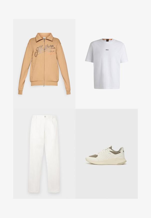 Beige hettegenser med glidelås foran, ribbestrikket krage og mansjetter. Har et trykket "Malbon GOLF"-logo og to sidelommer.; Hvit bomulls T-skjorte med korte ermer, med en svart "BOSS" logo sentrert på brystet og rund halsdesign.; Hvite bukser laget av glatt stoff, med rett ben-design, frontfolder og en enkelt knappelukking i livet.; Hvit og lysebeige treningssko, med en mesh-overdel, perforerte detaljer og en teksturert mellomsåle med merkevare på hælen.