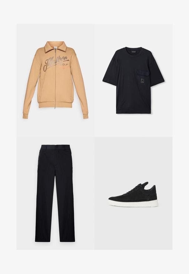 Sweatshirt bege com fecho na parte da frente, gola e punhos canelados. Apresenta um logótipo impresso "Malbon GOLF" e dois bolsos laterais.; T-shirt preto de manga curta com decote redondo e um bolso com aba no lado esquerdo do peito, apresentando um pequeno patch retangular de logotipo.; Calças pretas com um tecido leve e texturizado, design de pernas retas, cintura elástica e bolsos laterais com fecho.; Sapatilha de camurça preta com sola de borracha branca, apresentando costuras tonais e um design com atacadores. Textura suave com uma forma moderna e simplificada.