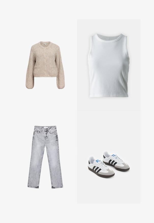 Cardigan cropped beige en tissu doux et texturé. Il présente un col rond, des manches longues et cinq boutons dorés sur le devant.; Débardeur blanc côtelé avec un décolleté rond et sans manches, présentant un ourlet droit et une texture lisse et extensible.; Jean en denim gris avec une coupe droite, des détails déchirés, cinq poches et des rivets en cuivre. La ceinture présente une étiquette de logo.; Baskets avec une tige en cuir blanc, un bout en daim gris et trois bandes noires. Présente un logo bleu sur la languette et une semelle en caoutchouc texturée.