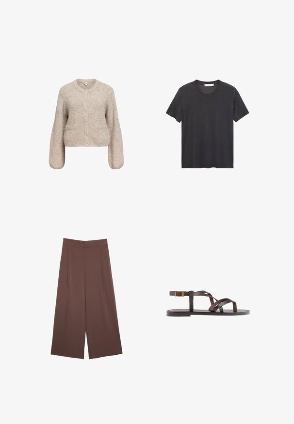 Beige cropped cardigan lavet af blødt, tekstureret stof. Har en rund halsudskæring, lange ærmer og fem guldknapper fortil.; Sort crew-neck t-shirt lavet af blødt bomuldsstof. Korte ærmer, afslappet pasform og lige kant uden udsmykninger eller mønstre.; Brune bredbunde bukser med en glat tekstur, der har høj talje og plisseringer foran. Stoffet er let og falder løst.; Brune lædersandal med krydsende stropper, ankelspænde og en flad sål med minimale syninger.