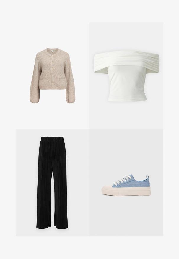 Beige verkürzter Cardigan aus weichem, strukturiertem Stoff. Hat einen runden Halsausschnitt, lange Ärmel und fünf goldene Knöpfe auf der Vorderseite.; Schulterfreies weißes Oberteil mit gepufftem, strukturiertem Halsausschnitt und tailliertem Oberteil. Hergestellt aus weichsam Stoff mit glatter Textur.; Schwarze plissierte Hose mit elastischem Bund. Verfügt über weite Hosenbeine und einen glatten, strukturierten Stoff mit vertikalen Streifen.; Helleblaue Leinensneaker mit einer cremefarbenen Gummikappe und Außensohle, ausgestattet mit weißen Schnürsenkeln und einer Zuglasche an der Ferse.
