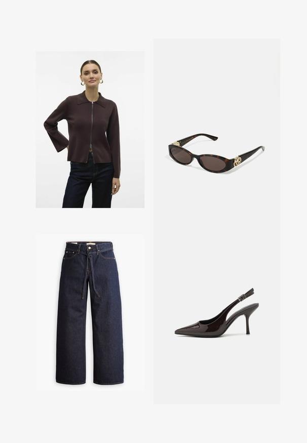 Vero Moda VMHANNA - Chaqueta de punto - chocolate torte; Camisa de botón a rayas azules con cuello, mangas largas y dobladillo curvado. La tela parece suave y ligera. Cierre de botón en la parte delantera.; Jeans de mezclilla oscuros de pierna ancha con cintura alta, que cuentan con un lazo ajustable, cinco bolsillos y detalles de costura en contraste.; Zapato de tacón alto tipo slingback en piel sintética brillante de color marrón oscuro, con punta afilada, laterales abiertos y correa ajustable en el tobillo.; Gafas de sol carey con lentes ovalados alargados, tintado marrón, acentos de logo dorado en las patillas y brazos negros elegantes.; Bolso de mano marrón con un patrón, fabricado en un tejido texturizado, strap de cuero marrón y detalle de logo dorado sobre un fondo beige. Forma curva y estructurada.