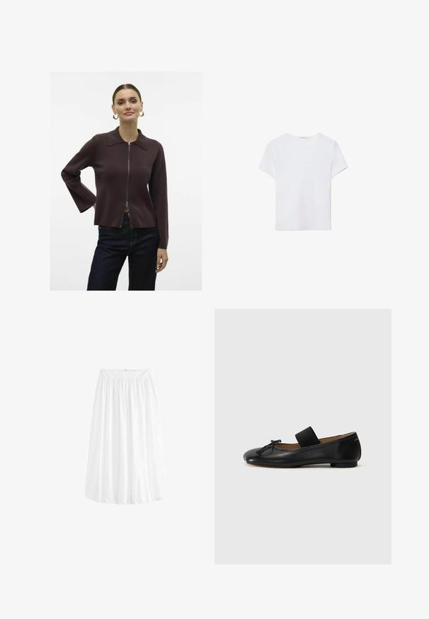 Vero Moda VMHANNA - Kofta - chocolate torte; Vit t-shirt med kort ärm gjord av mjukt tyg. Har en rund halslinning och en enkel, ren design med en rak nederkant.; Vit knä-lång kjol gjord av lättviktsmaterial. Har ett elastiskt midjeband för justerbar passform och mjuk drapering.; Svarta läderballetskor med rundad tå, en liten knutdetalj och ett elastiskt band över fotryggen för en säker passform. Platt sula.