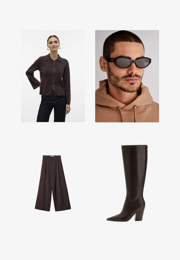 Vero Moda VMHANNA - Cardigan - chocolate torte; Maglietta bordeaux a maniche lunghe realizzata in tessuto morbido, caratterizzata da un ampio scollo circolare e un orlo leggermente curvo per un fit rilassato.; Pantaloni neri a gamba larga con vita alta, caratterizzati da pieghe frontali e chiusura con bottone in vita, realizzati in tessuto liscio.; Stivale alto in pelle marrone con punta affusolata e tacco a blocco. Presenta una texture liscia e una cerniera laterale per una facile calzata.; Occhiali da sole neri con forma delle lenti ovale, lenti scure e montatura spessa. Accenti sottili di hardware dorato sulle aste.; Borsa a mano nera intrecciata con forma arrotondata, superficie testurizzata e un solo manico superiore. Presenta un design elegante e minimalista senza hardware visibile.