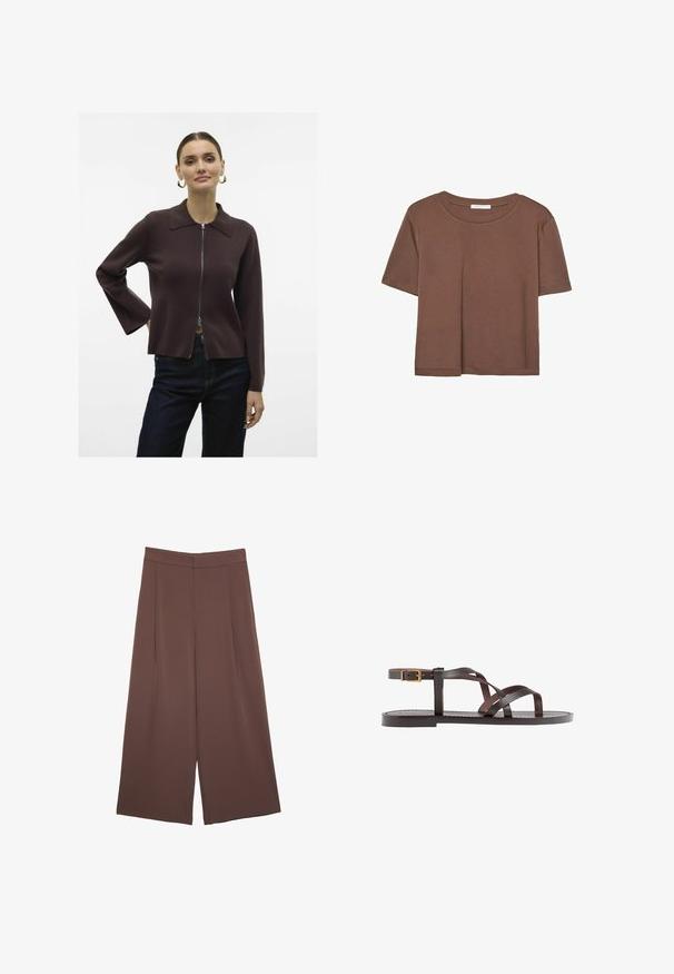 Vero Moda VMHANNA - Jopica - chocolate torte; Rjava kratka majica s kratkimi rokavi iz mehkega materiala, s krožnim izrezom in ohlapnim krojem. Brez vidnih vzorcev ali dodatkov.; Rjave široke hlače z gladko teksturo, ki imajo visok pas in sprednje naborke. Tkanina je lahka in prosto pada.; Rjav usnjen sandal z načinom prečnega črta, zaklepom okoli gležnja in ravnim podplatom z minimalnimi šivi.
