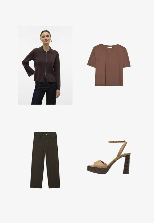 Vero Moda VMHANNA  brązowy; Brązowa koszulka z krótkim rękawem, wykonana z miękkiego materiału, z okrągłym dekoltem i luźnym krojem. Brak widocznych wzorów lub akcentów.; Ciemnozielone spodnie dżinsowe typu wide-leg wykonane z mieszanki bawełny, z zamkiem na guzik z przodu, pięcioma kieszeniami i klasycznym przeszyciem dżinsowym.; Beżowe zamszowe sandały na wysokim obcasie z szerokim paskiem z przodu i paskiem za kostkę, z masywnym drewnianym obcasem o teksturowanym wykończeniu.
