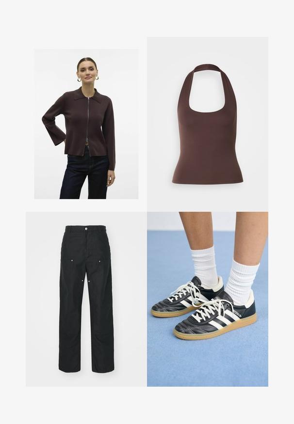 Vero Moda VMHANNA - Cardigan - chocolate torte; Brun, ermeløs haltertop med rund utringning. Laget av glatt, elastisk stoff, har den en tettsittende silhuett og ingen synlige lukninger.; Svarte bukser med rett ben-design, laget av et strukturert stoff. Har dekorativt sølvtilbehør og unike sømdetaljer.; Sorte lærersneakers med hvite striper, rund tå, hvite snørebånd og såle av gummigummi. Fremhevet med polstret krage og merkeinfos.